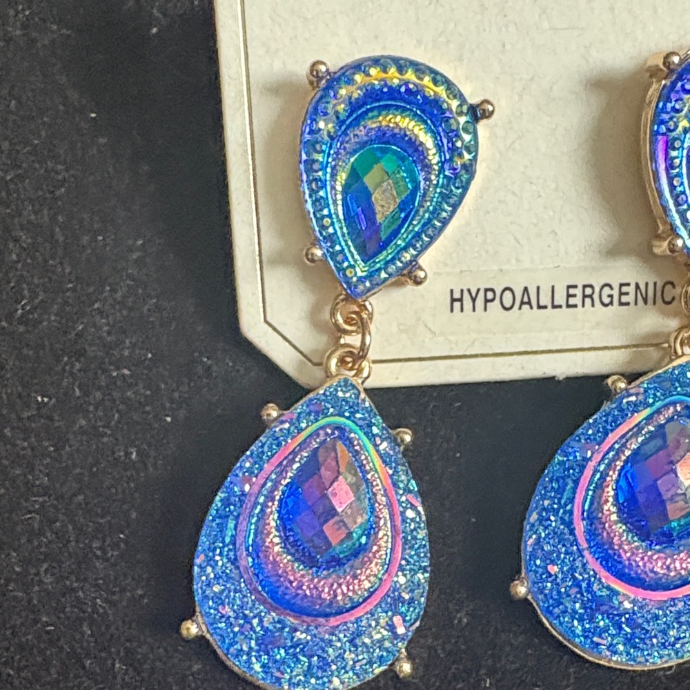 Hypoallergenic Blue and Gold Teardrop Earrings - Picture 3 of 4